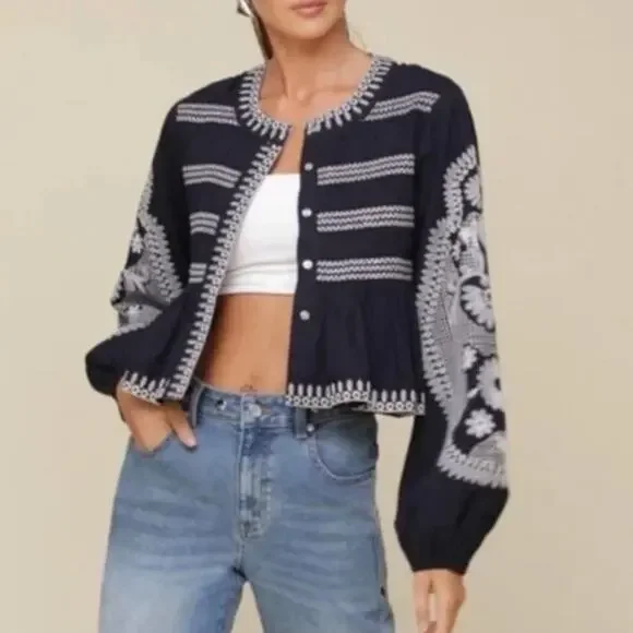 7 for all Mankind Embroidered Navy Blue balloon sleeve top smocked shacket - Picture 2 of 7